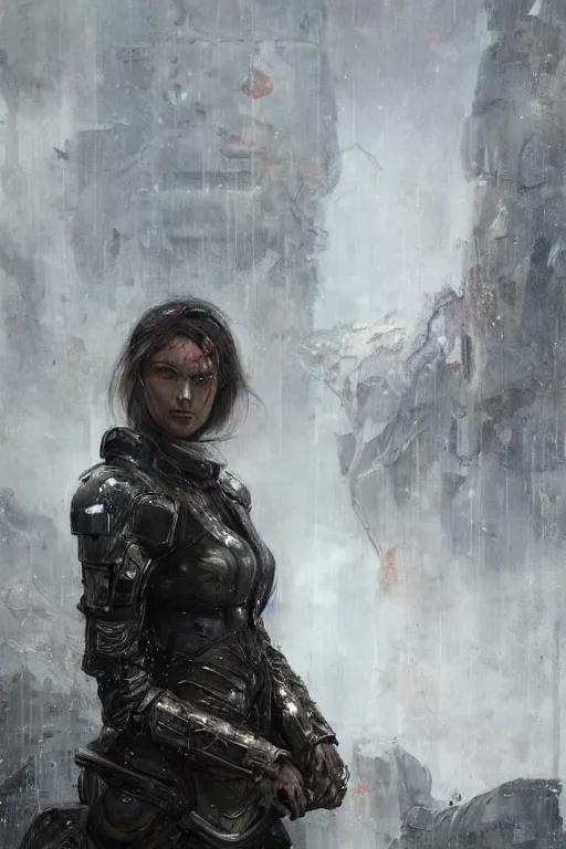 Prompt: a portrait of a woman in a post apocalyptic ruins raining in futuristic armour by eve ventrue