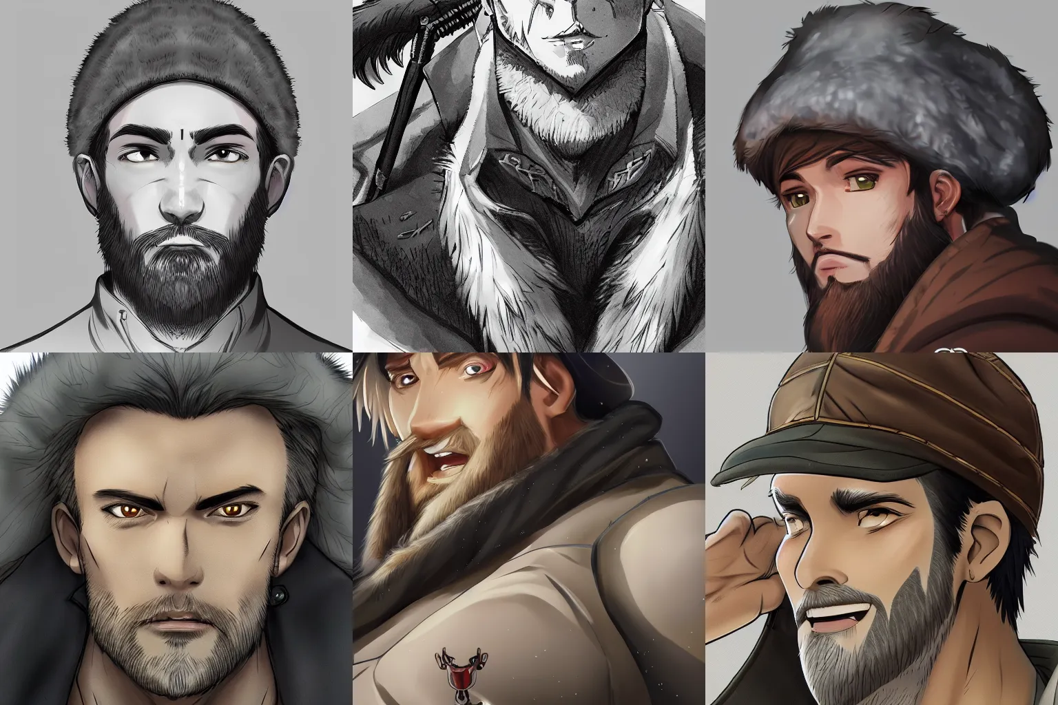 Prompt: closeup upper body artwork of a hunting club chairman with a fur cap and gray stubble, anime key visual, incredibly detailed, D&D, finished concept art, digital art by Wafalo, trending on Artstation