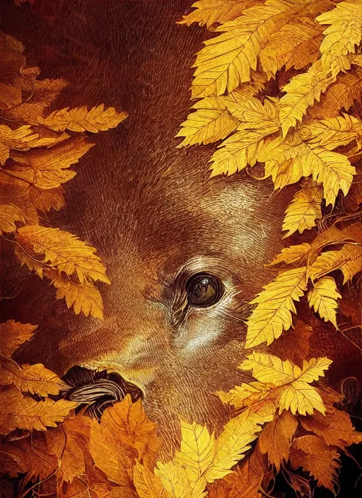 Image similar to golden leaves at frame border, creative!!! composition for a book cover, absurdly beautiful, ultrafine hyperrealistic detailed animal face by wlop and artgerm and greg rutkowski, intricate linework, sharp focus, smooth, plain background, unreal engine, dramatic lighting, ethereal, 8 k