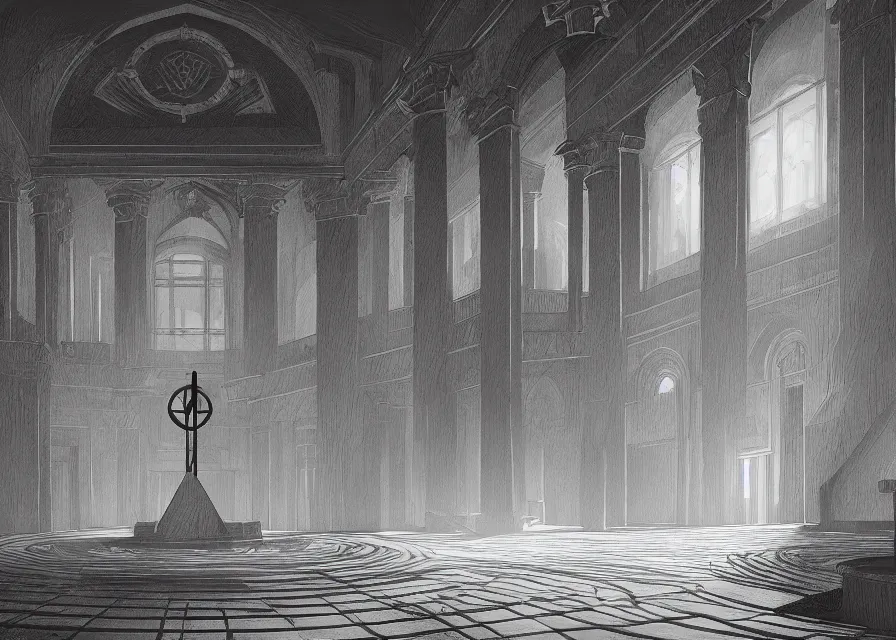 Prompt: interior of a masonic temple, black and white, concept art, detailed, 4k, artstation