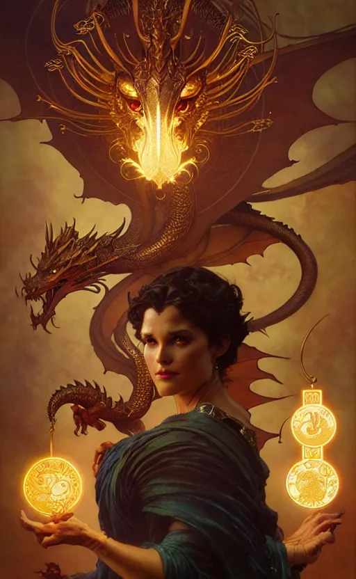 Image similar to magic gold dragon gorgeous lighting by weta studio, mucha, bautista and norman rockwell and greg rutkowski and tom bagshaw and james gurney and lucasfilm