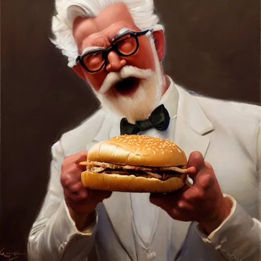 Prompt: bodybuilder colonel sanders eating a hamburger, highly detailed painting by gaston bussiere, craig mullins, j. c. leyendecker, 8 k