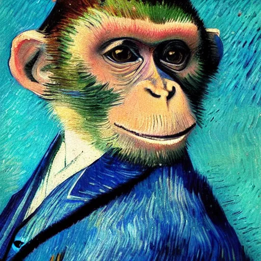 Prompt: a beautiful oil painting of a monkey in a blue suit and white hat , 8k , award winning , made in 1800's , old , painted by vincent van gogh