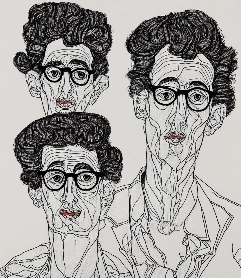 Prompt: detailed line art portrait of allens ginsberg, inspired by egon schiele. caricatural, minimalist, bold contour lines, musicality, soft twirls curls and curves, confident personality, raw emotion