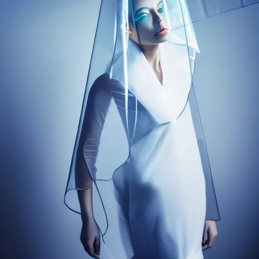 Image similar to high fashion photography of a model in neo futurism white sci - fi transparent cloth, beautifully lit