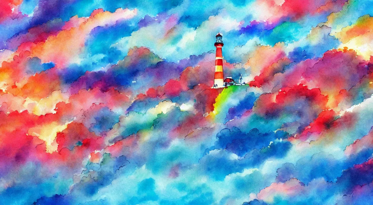 Prompt: A beautiful landscape with rainbow smoke plumes, cyan cliffs, a crimson lighthouse, vivid landscape, award-winning anime style, wallpaper, relaxing, Watercolor expressionist