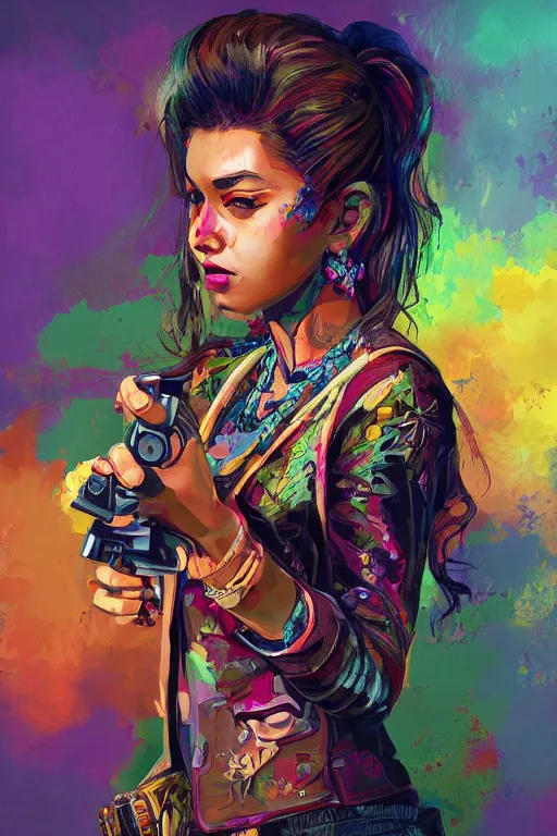 Image similar to painting of a gangster girl holding a pistol, intricate, highly detailed, digital painting, official media, concept art, rich vivid colors, ambient lighting, sharp focus, illustration