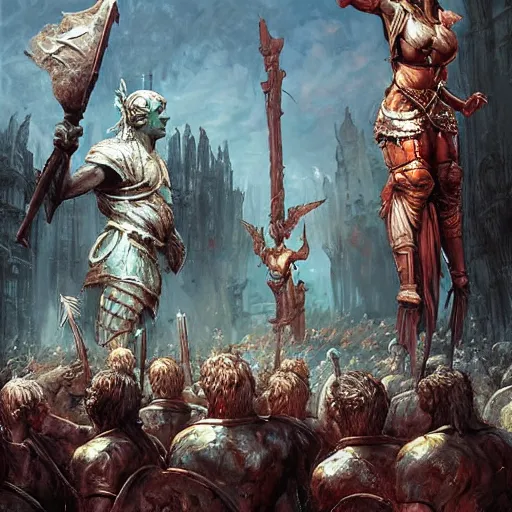 Image similar to giant statues of warriors with hand out in greeting by Marc Simonetti, fantasy art