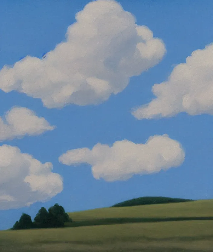 Image similar to baby blue sky with very aesthetic stylized puffy clouds, in the style of edward hopper, very fine brushstrokes, 4 k,