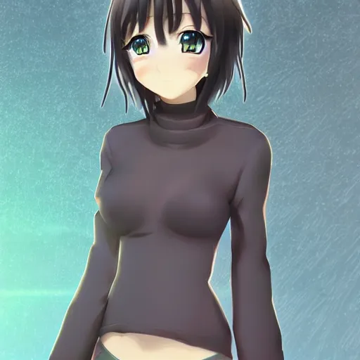 Image similar to beautiful anime woman in 3d style, wearing a tight sweater, perfect body, standing in the rain, high quality anime art, trending on artstation