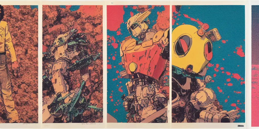 Image similar to risograph grainy drawing vintage sci - fi, satoshi kon color palette, gigantic gundam full - body covered in dead coral reef, 1 9 8 0, kodachrome, natural colors, comicbook spreadsheet, codex seraphinianus painting by moebius and satoshi kon and dirk dzimirsky close - up portrait