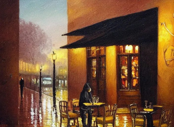 Image similar to being alone at a cafe on a melancholic rainy night by ardon, mordecai, oil painting