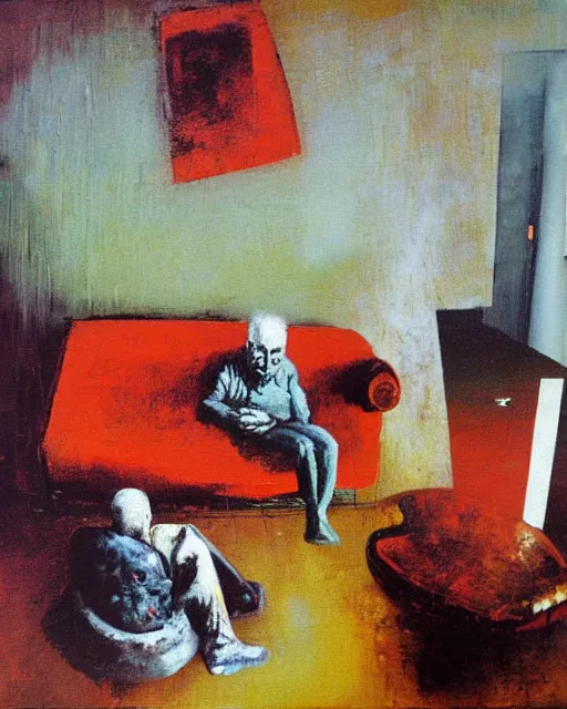 Prompt: thick flowing expressive impasto acrylic painting of an old dead couple sitting on a couch in an old soviet apartment, Beksinski painting, art by Adrian Ghenie and Gerhard Richter. Francis Bacon masterpiece, 2007 93 666