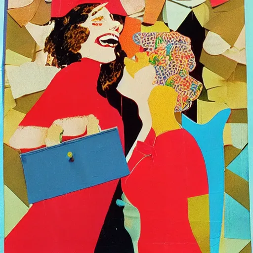 Image similar to two women kissing at a carnival, mixed media collage from 7 0 s, retro, lowfi, magazine collage