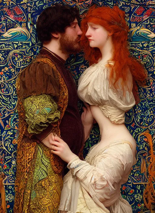 Prompt: detailed colourful masterpiece of intricate preraphaelite art nouveau photography couple portrait sat down extreme closeup, love, inside an underwater train, detailed realistic expressions, wearing unusual clothes, by ford madox brown and frederic leighton and john william waterhouse and william morris, ultra wide angle