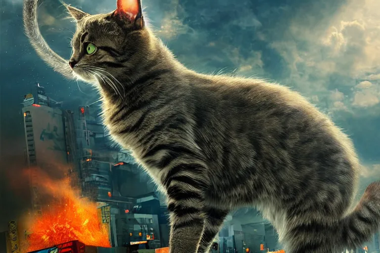 Image similar to cat attacking Tokyo, disaster movie poster, masterpiece, masterwork, cgstudio