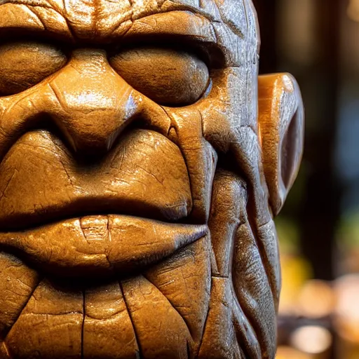 Image similar to a closeup photorealistic photograph of ben grimm's face on a tiki mug at trader vic's beach bar. fantastic four. tiki culture. bright scene. fine detail. this 4 k hd image is trending on artstation, featured on behance, well - rendered, extra crisp, features intricate detail, epic composition and the style of unreal engine.