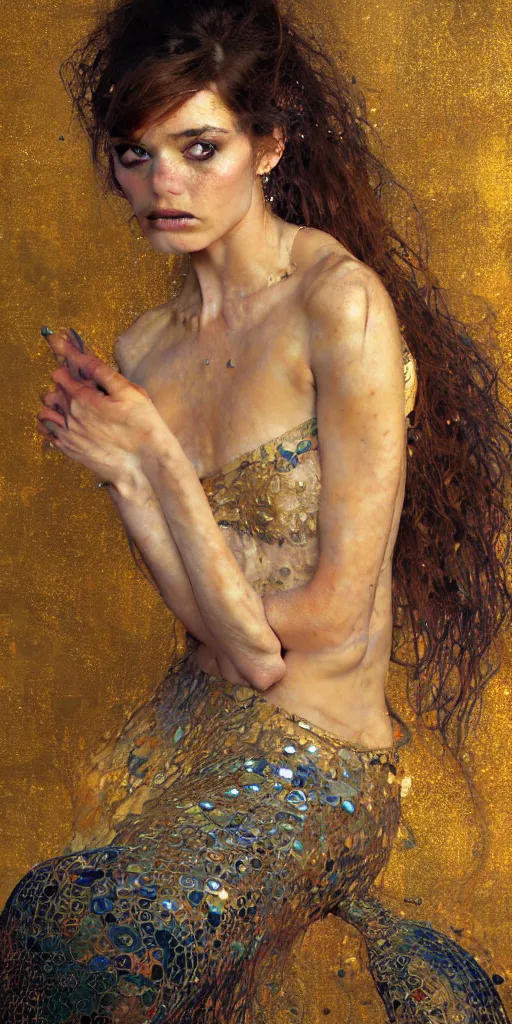 Image similar to an intricate portrait painting of an artistic pose young beautiful mermaid, klimt golden motives and textures, hyper - detailed, octane render, vivid colors, artstation, by jeremy mann, by gustav klimt