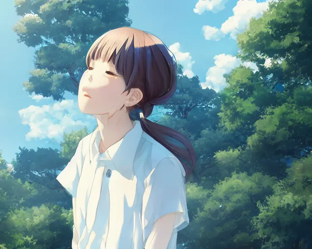 Image similar to teen looking at blue sky, wearing white shirt, back turned, looking up, illustration, by pine ( ハイネ ) and 薯 子 imoko and 香 川 悠 作 and wlop and maya takamura, highly detailed, trending artstation, pixiv, digital art