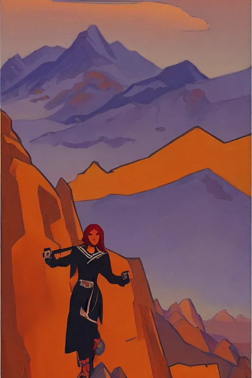 Image similar to black widow ( natasha romanova ) on mountains, marvel, artwork by nicholas roerich,