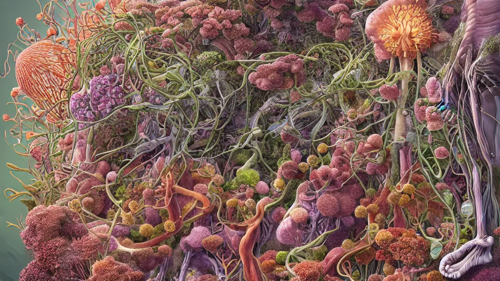 Prompt: highly detailed illustration of a human anatomy body exploded by all the known species of plants, flowers, corals and mushrooms by juan gatti, by makoto shinkai, by moebius!, by oliver vernon