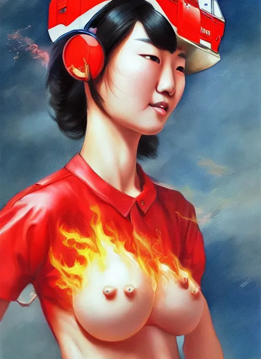 Image similar to a portrait of a korean woman merged with a fire truck, art by boris vallejo and greg danton and denys tsiperko, detailed, hyperrealism, artstation