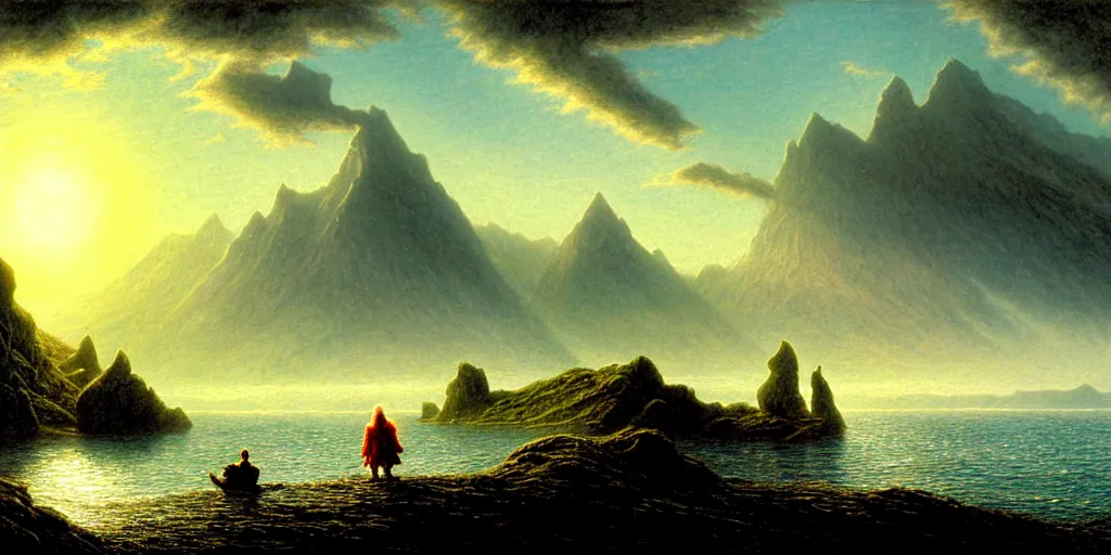 Prompt: lord of the rings scenery landscape, a hobbit out at a staring across the sea from the shore at a white timber sail boat leaving harbour, evening bright stars, highly detailed, vivid colour, soft clouds, cinematic lighting, perfect composition, gustave dore, derek zabrocki, greg rutkowski, belsinski