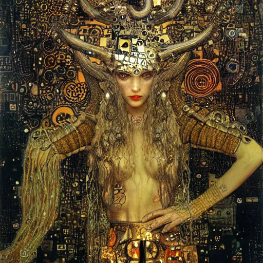 Image similar to horned cybernetic demon trapped in circuitry, intricate detail, klimt, royo,