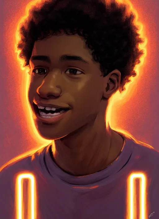 Image similar to portrait of teenage chuck clayton, black teenage boy, very short curly hair, very short hair, square jaw, slight excited smile, reading archie comic book, intricate, elegant, glowing lights, highly detailed, digital painting, artstation, concept art, smooth, sharp focus, illustration, art by wlop, mars ravelo and greg rutkowski