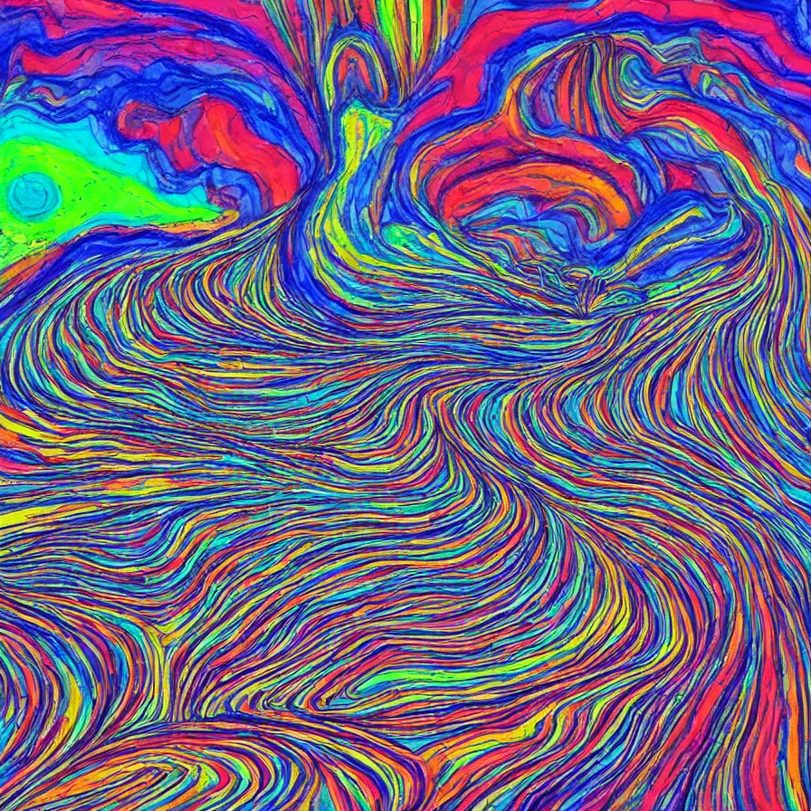 Prompt: trippy psychedelic artwork about a road going down a beautiful valley