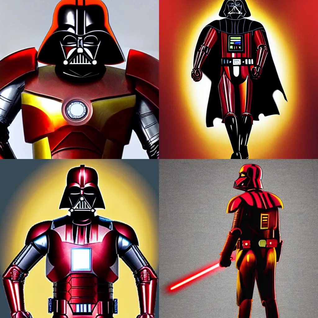 Prompt: darth vader, in iron man armour, red and yellow, metallic