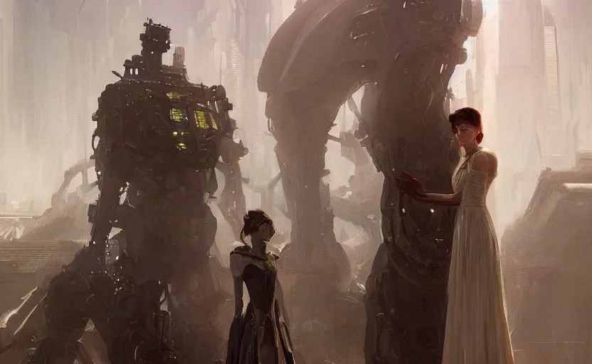 Prompt: a fancy portrait of a machine like creature holding a young ladies dress : concept art for a scifi cyberpunk film. by greg rutkowski, john j. park, jason chan, noah bradley, feng zhu, rosa bonheur, edward hopper. sharp focus, cinematic atmosphere, detailed and intricate environment, perfect hand anatomy, realistic eyes