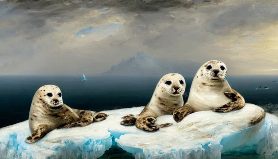 Prompt: highly detailed painting of cute furry white baby seal leopards cuddling into each other on a blue and white iceberg by william turner, by greg rutkowski, by william constable, thick brush strokes and visible paint layers, 4 k resolution