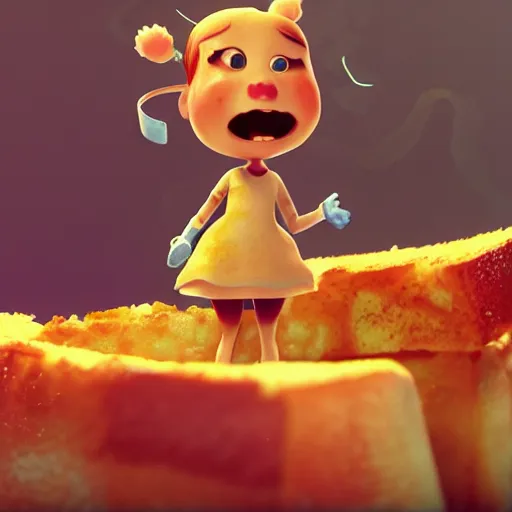 Image similar to my french toast got up and walked away, cute pixar character, volumetric lighting, dynamic composition, fantasy, hyper detailed, ultra realistic, sharp focus, octane render, concept art by sachin teng and sergey kolesov and ruan jia and heng z