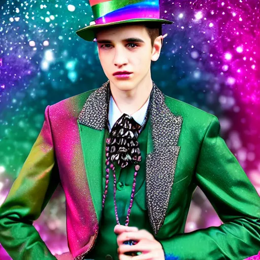 Prompt: A very handsome jewelpunk young man. A Jewelpunk society would be one of gleaming perfection, where every surface is adorned with sparkling gems and jewelry. The skies would be a rainbow of colors, as light reflecting off of the endless gems creates a spectrum of hues. The people would be impeccably dressed, with each outfit adorned with jewels that match their personality and status. Even the weapons and other tools would be made out of precious metals and gems, adding to the overall air of opulence. Men are objectified as much as women.