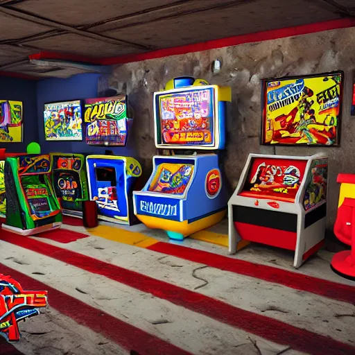 Prompt: large Mancave full of 80s toys games arcade games and wall posters Stuffy atmosphere, shadows, vintage, highly detailed, abandoned, octane render, blender, --width 1280 4k