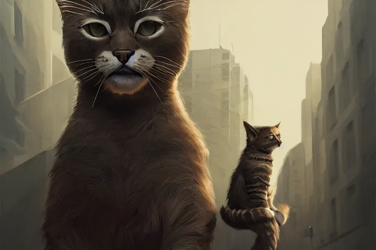 Image similar to human standing against a giant cat, highly detailed, photorealistic, reflections, smooth, sharp focus, concept art, illustration, beautiful, geometric, trending on artstation, cinematic, featured on behance , artwork by WLOP and Tran, Ross