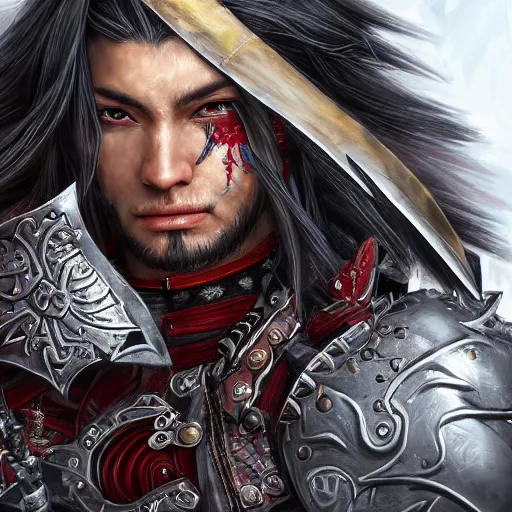 Image similar to realistic detailed semirealism warrior man wearing samurai armor. male_character, long_hair, FFXIV, iconic character splash art, Detailed, detailed metal textures, 4K high resolution quality artstyle professional artists WLOP, Aztodio, Taejune Kim, Guweiz, Pixiv, Instagram, Artstation