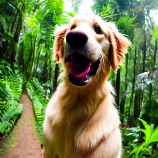 Prompt: selfie of a golden retriever dog showing tongue in front of a rainforest