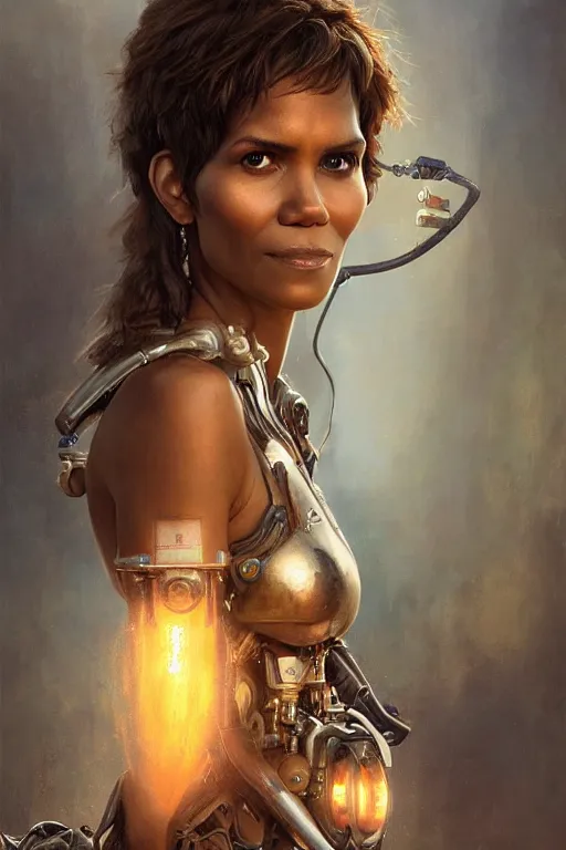 Image similar to portrait oils, beautiful female hybrid cyborg halle berry regal, realistic, refined, detailed, digital art, jessica rossier, michael cheval, esao andrews, steampunk, walt disney, francois boucher, oil painting, highly detailed, cinematic lighting, unreal, natural