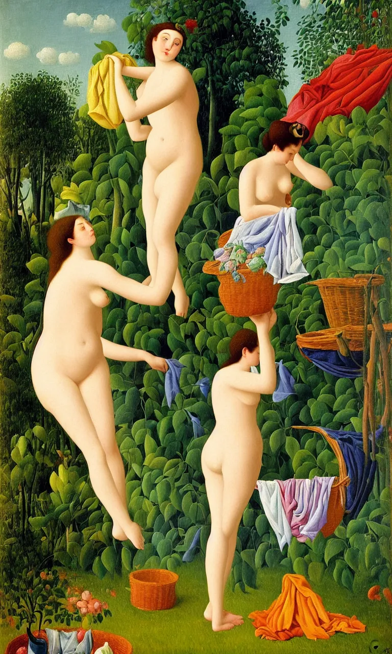 Image similar to the goddess venus emerging from a washing machine. behind her we see sheets of colour bedding hanging on a laundry line. in the background we see a factory. detailed oil painting. henri rousseau. impressionism, colourful