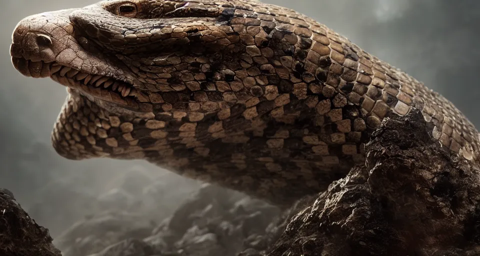 Image similar to closeup portrait of a colossal rattlesnake in a rocky environment, dramatic lighting, cinematic, octane render, cgsociety, artstation, 4k
