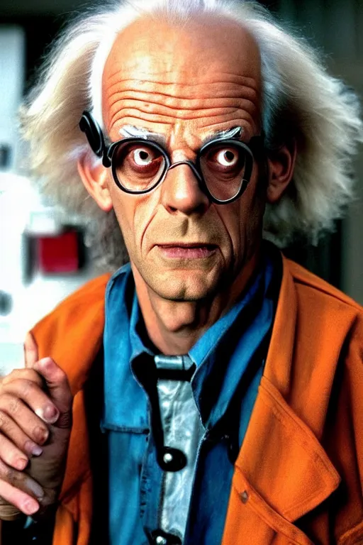 Prompt: a man who looks like christopher lloyd as doc brown back to the future, flux capacitor