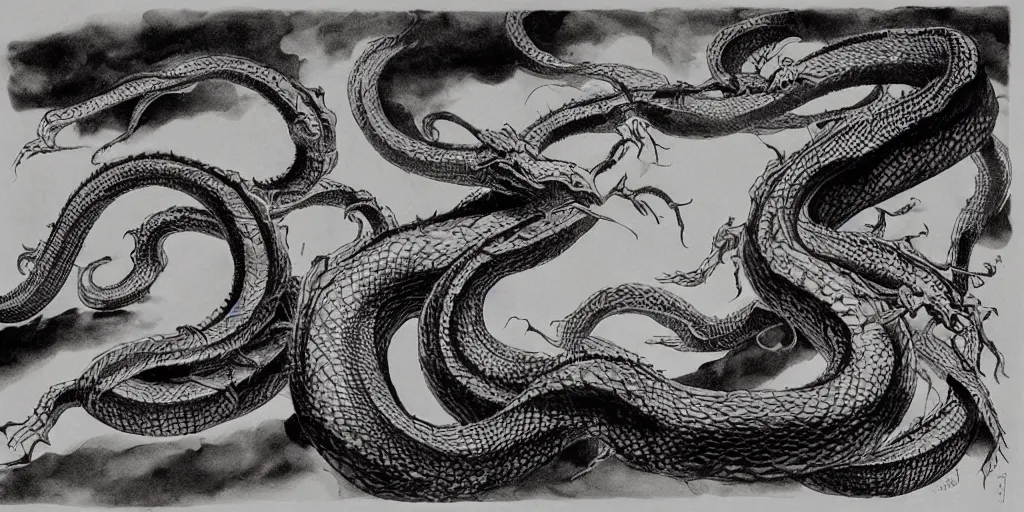 Image similar to a brilliant epic ink sketch of a chinese snake by roger dean in the style of baroque art, very, very aesthetic