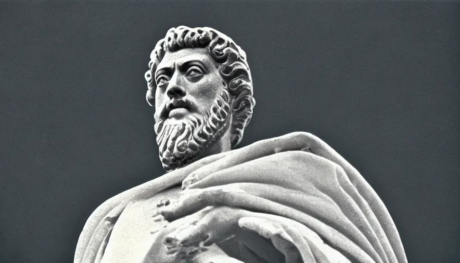 Image similar to 1 9 6 0 s movie still close up of marcus aurelius with a steel breast - plate with a white cape frozen to death by the side of a river with gravel, pine forests, cinestill 8 0 0 t 3 5 mm, high quality, heavy grain, high detail, texture, dramatic light, anamorphic, hyperrealistic, detailed hair, foggy