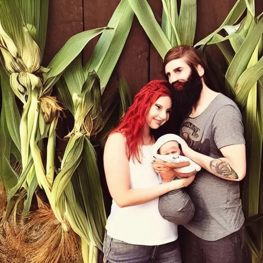 Prompt: photo of an attractive couple. The woman has long straight red hair. The man has a dark thick neatly groomed beard and tattoos. They are holding a giant corn and a cute baby.