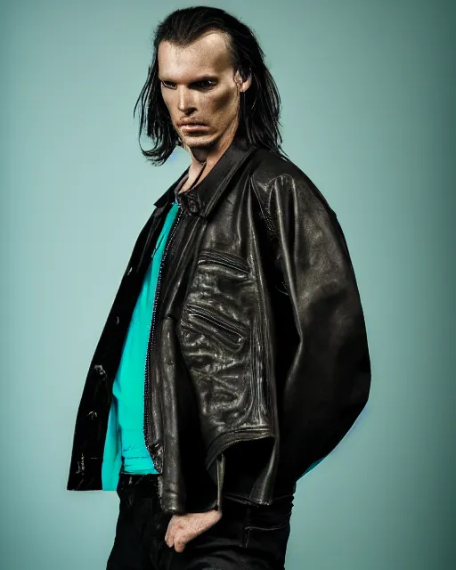 Image similar to an award - winning photo of an ancient male model wearing a plain cropped baggy teal distressed pirate designer menswear leather jacket designed by alexander mcqueen, 4 k, studio lighting, wide angle lens