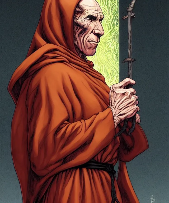 Image similar to a ( fantasy comic ) ( cover art ) portrait of a hooded monk who looks like ( pete postlethwaite ), digital illustration by jenny frison and sana takeda and kentaro miura, fine inking lines, vivid colors, dnd, highly detailed!, hd, 4 k, trending on artstation