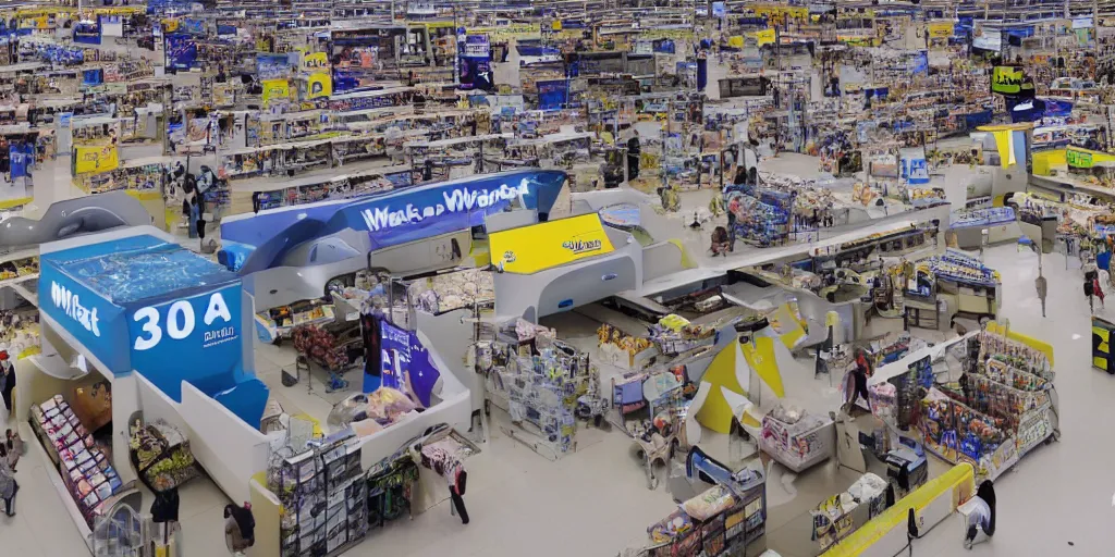 Prompt: WalMart in 3022, futuristic, sci-fi