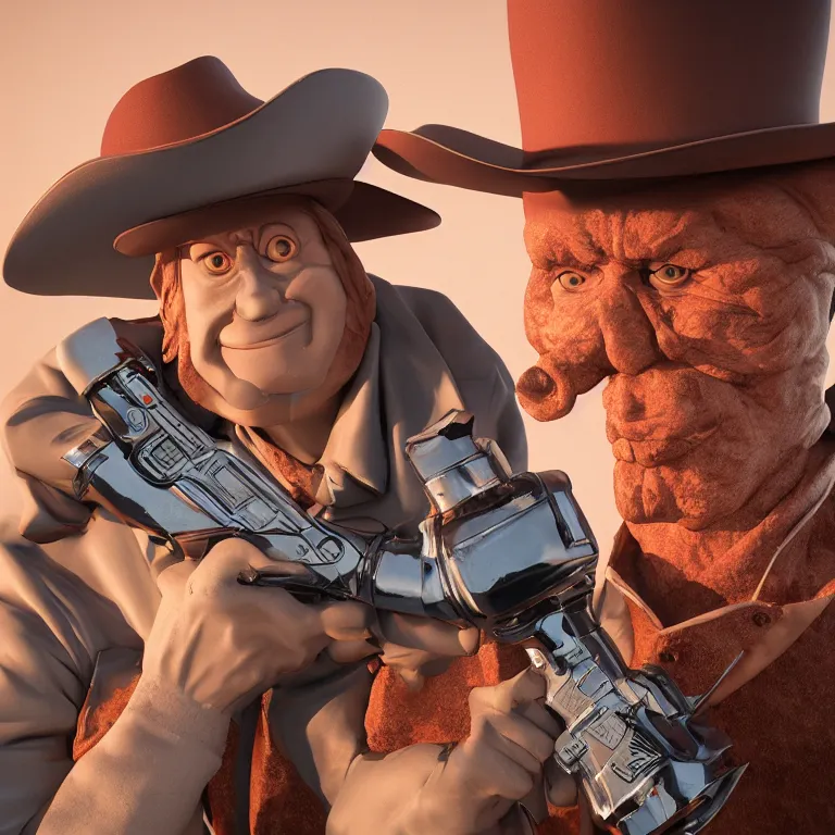 Image similar to octane render portrait by wayne barlow and carlo crivelli and glenn fabry, a man wearing a giant foam cowboy mascot costume holding a giant reflective shiny chrome revolver with smoke coming out of the barrel, cinema 4 d, ray traced lighting, very short depth of field, bokeh